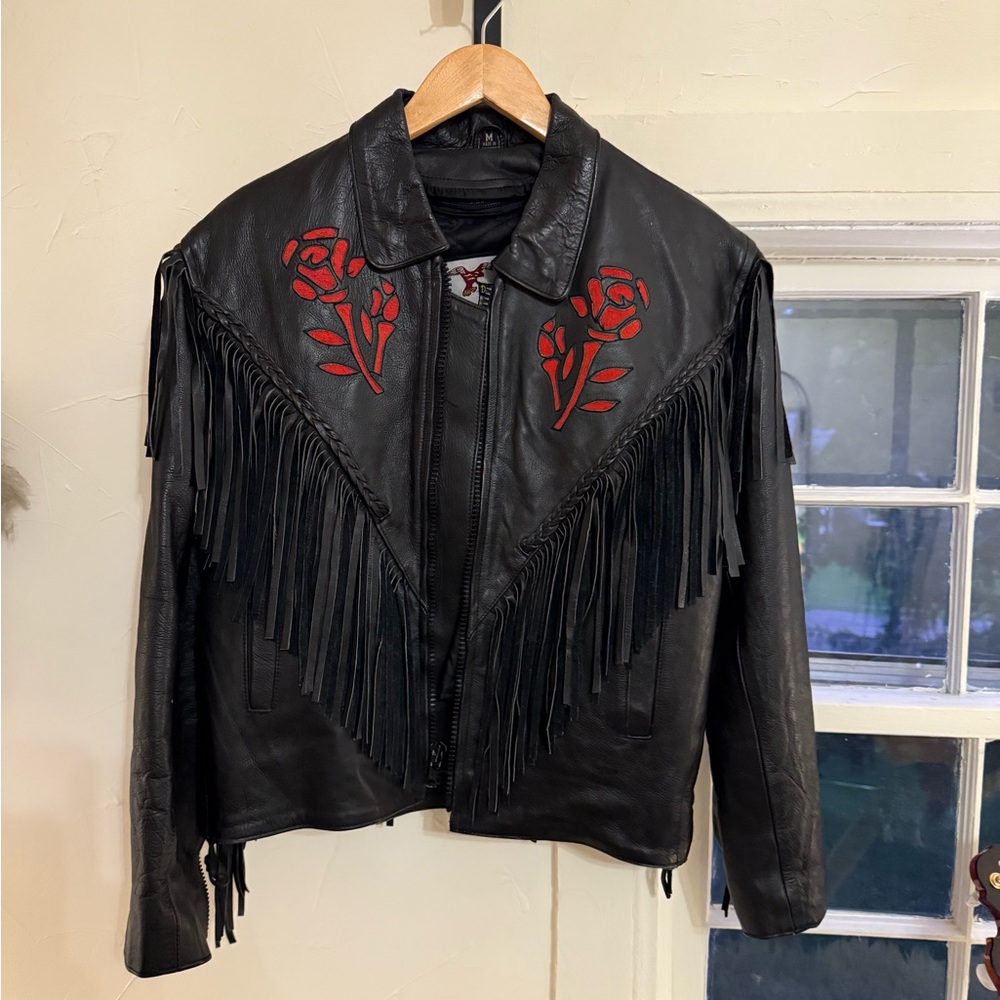 Elegant Black Leather Jacket with Red Rose Accents